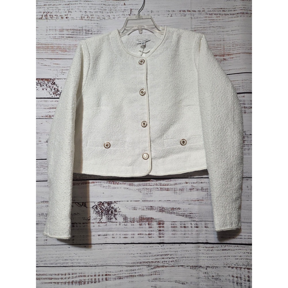 Free Assembly Women White Boucle Tweed Cropped Jacket Rose Gold Buttons L 12-14